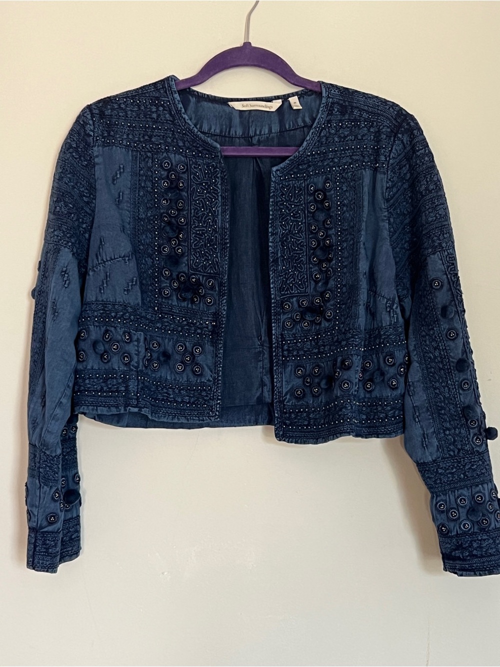 Soft Surroundings Theodora Bolero Navy Embellished Open-Front Jacket Sz Small